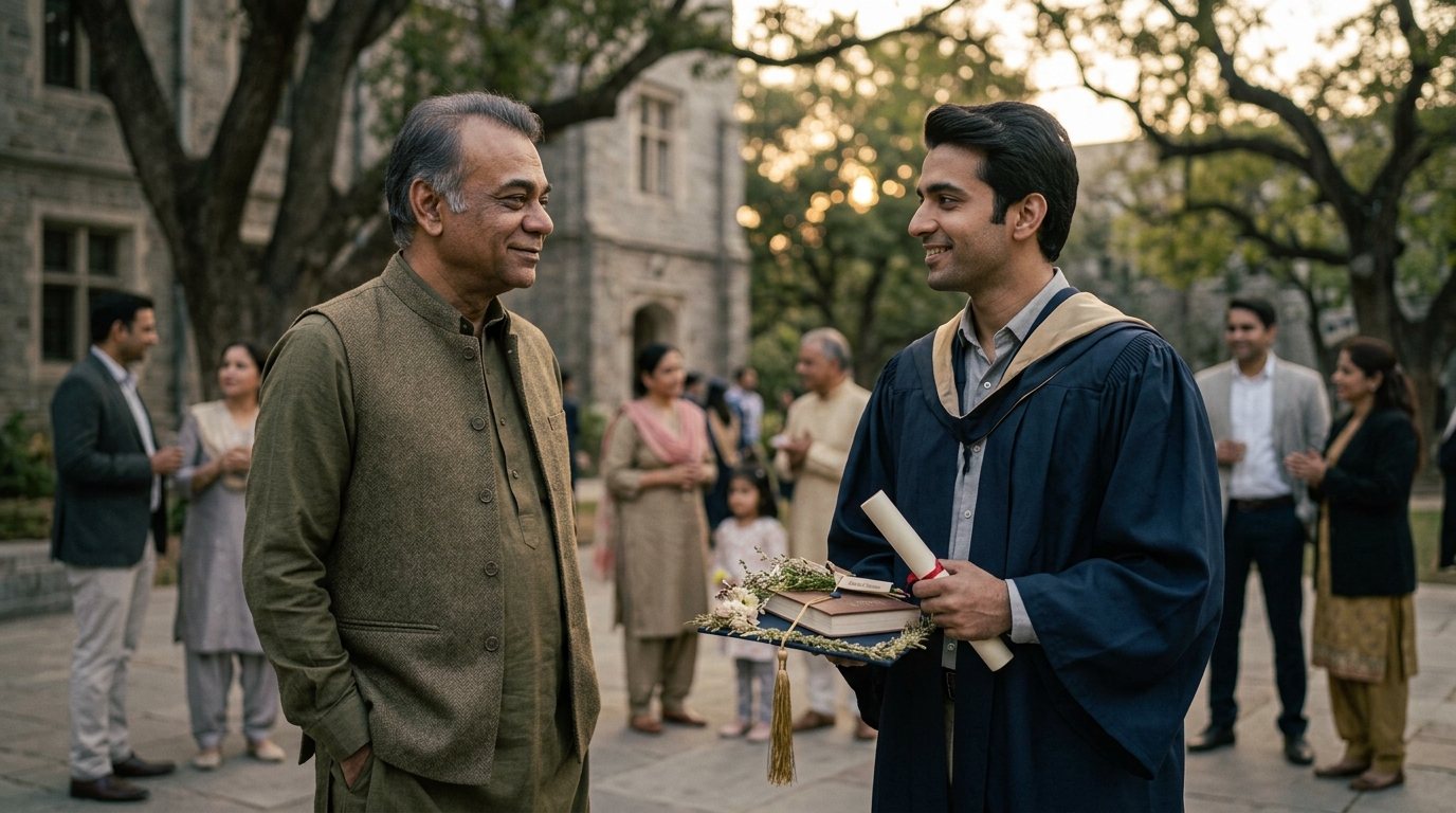 Dad pride looking proudly at his adult child during a graduation celebration